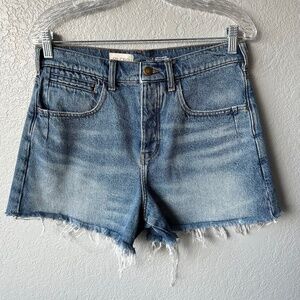 Pilcro button fly relaxed cut-off raw hem distressed denim shorts